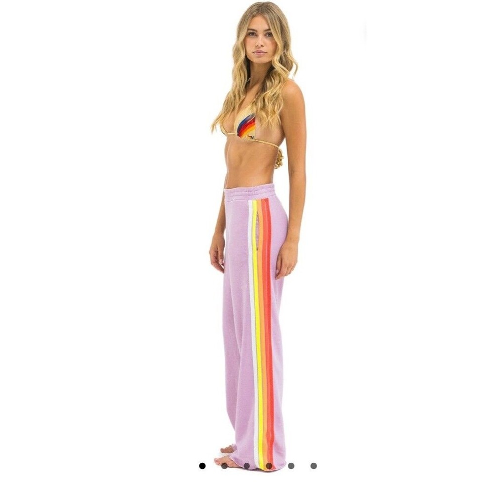 Aviator Nation 5 STRIPE WIDE LEG POCKET SWEATPANTS MAUVE WHITE NEON Size XS